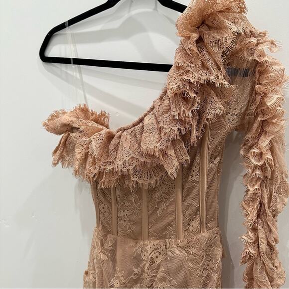 NWT House Of CB Adele Biscuit Asymmetrical Mini Ruffle Dress. - Picture 12 of 15